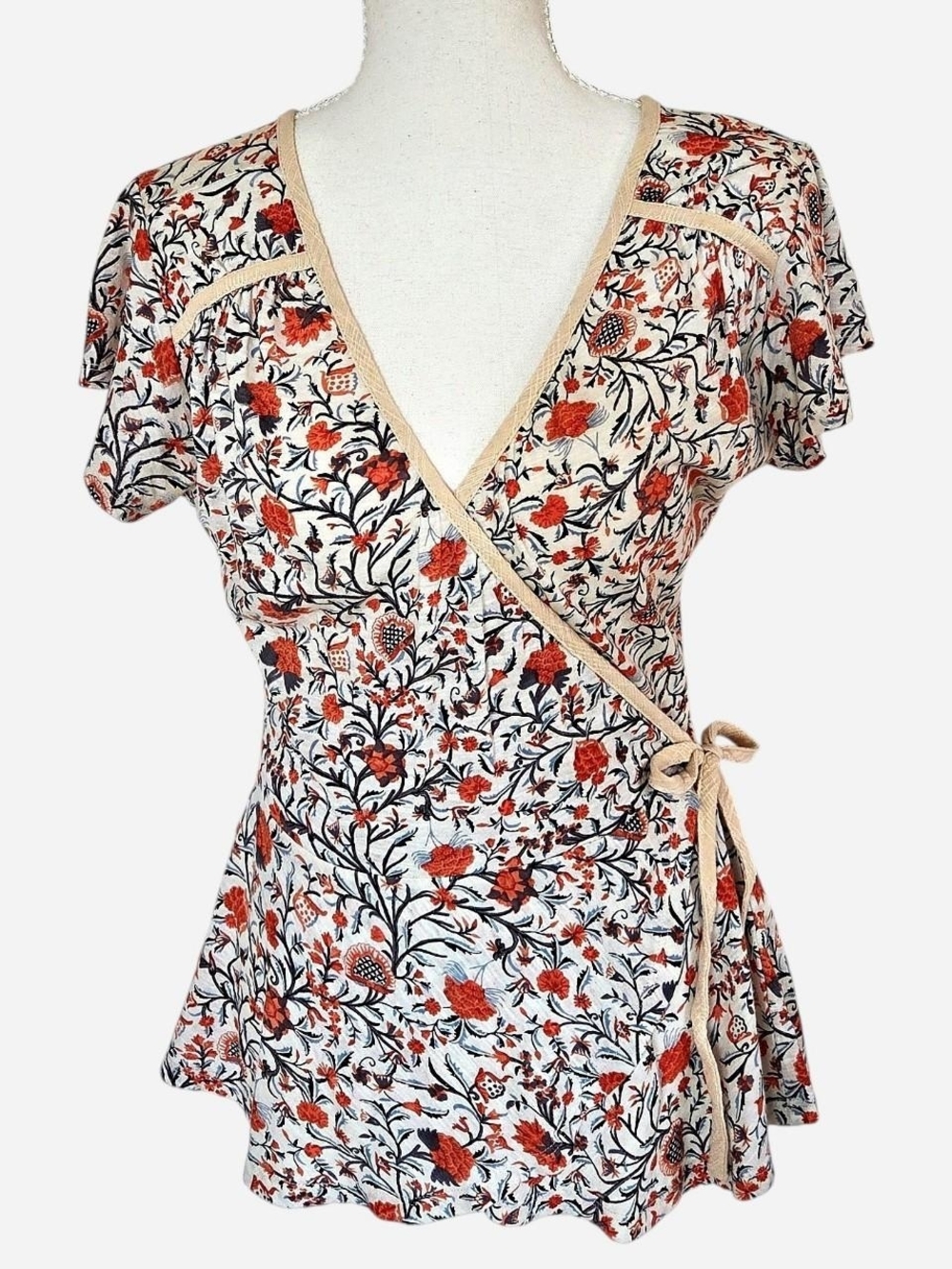 Lucky Brand boho cotton floral wrap top with V-neck piping multicolor Size S